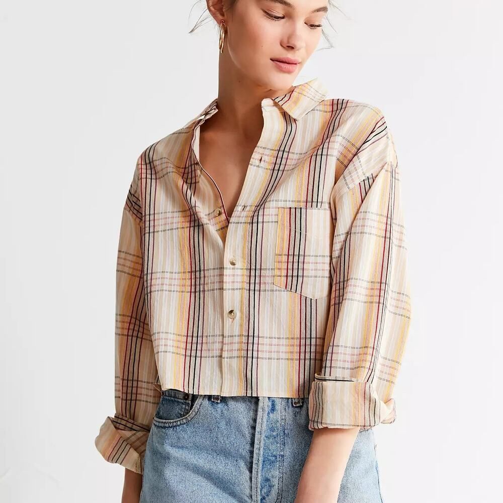 Urban Outfitters Cropped Plaid Button Down Cotton Shirt Sz Small